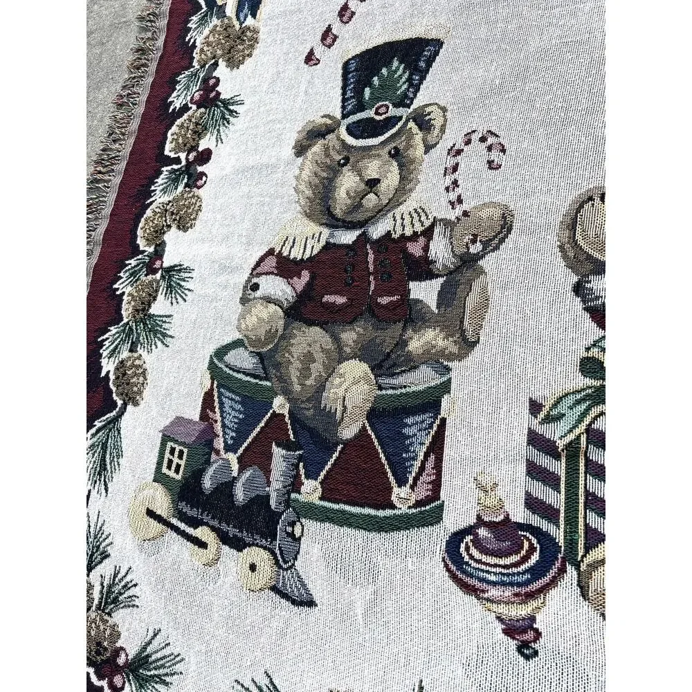 Vintage Christmas Woven Throw Blanket Tapestry Wall Hanging Teddy Bear Band